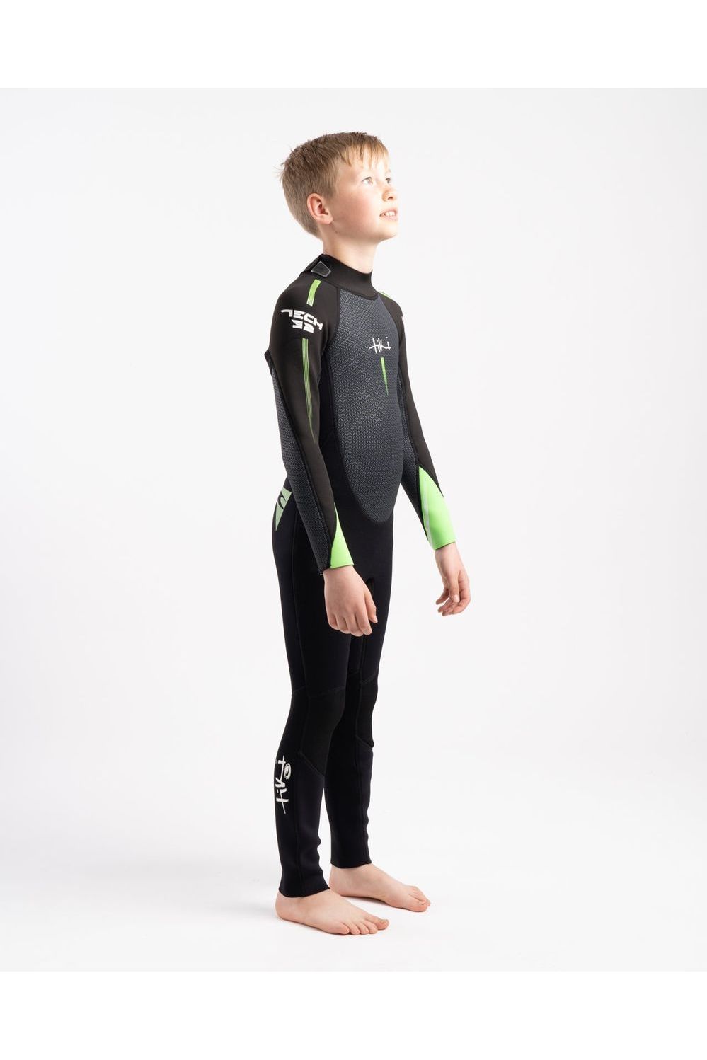 Tiki Tech Junior 3/2 Wetsuit With Back Zip in Black & Green
